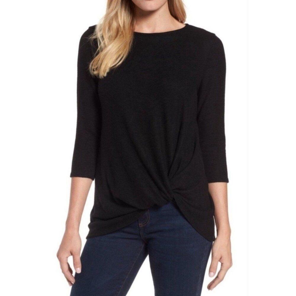 Gibson Women Black Minimalist Basic Casual Lightweight Comfy Knit Pullover Top